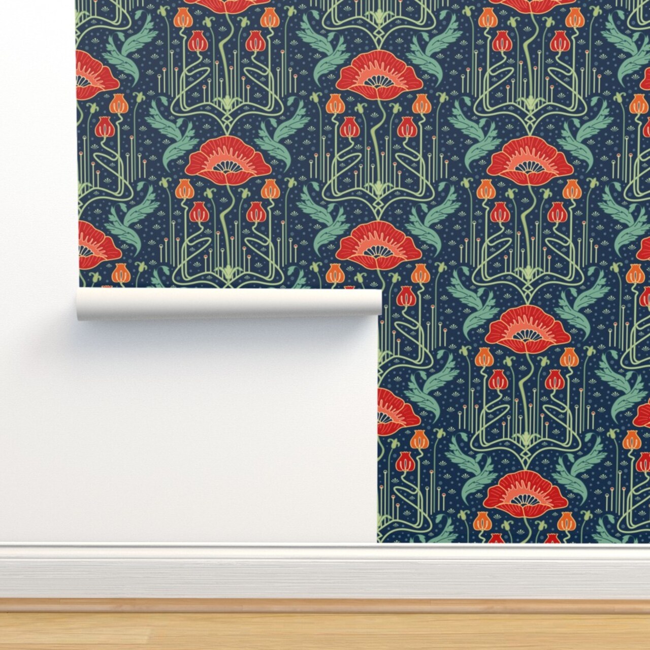Art Nouveau Whimsical Floral Vintage Inspired Red Poppies Luxe Deco Custom Pre-pasted Wallpaper by Spoonflower Pre-Pasted Wallpaper 2FT Wide